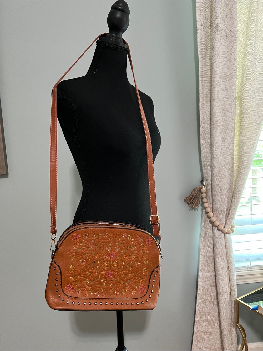 Embroidered Tan Leather Crossbody Bag with Stud Detail